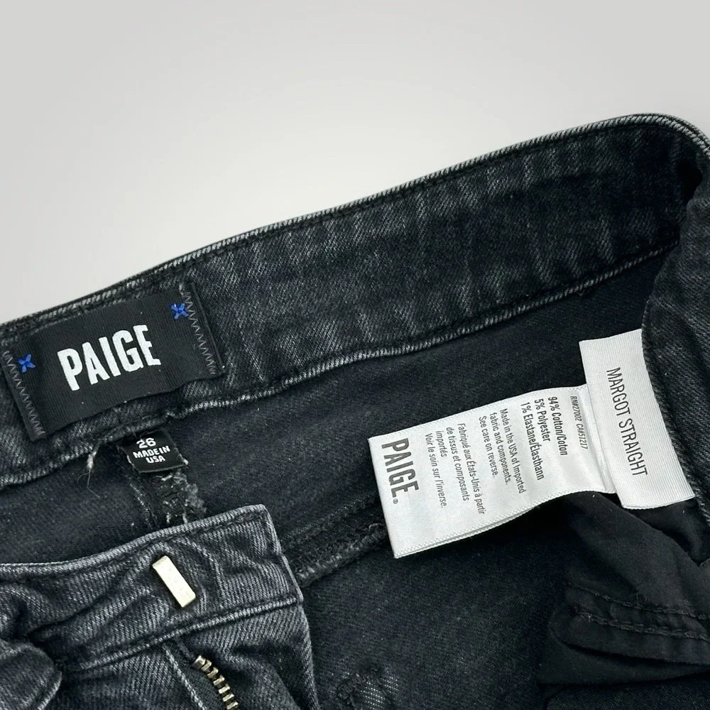 PAIGE Margot Straight Leg Jeans Womans 26 (26x26) Tie Waist Black Denim‎ Raw Hem